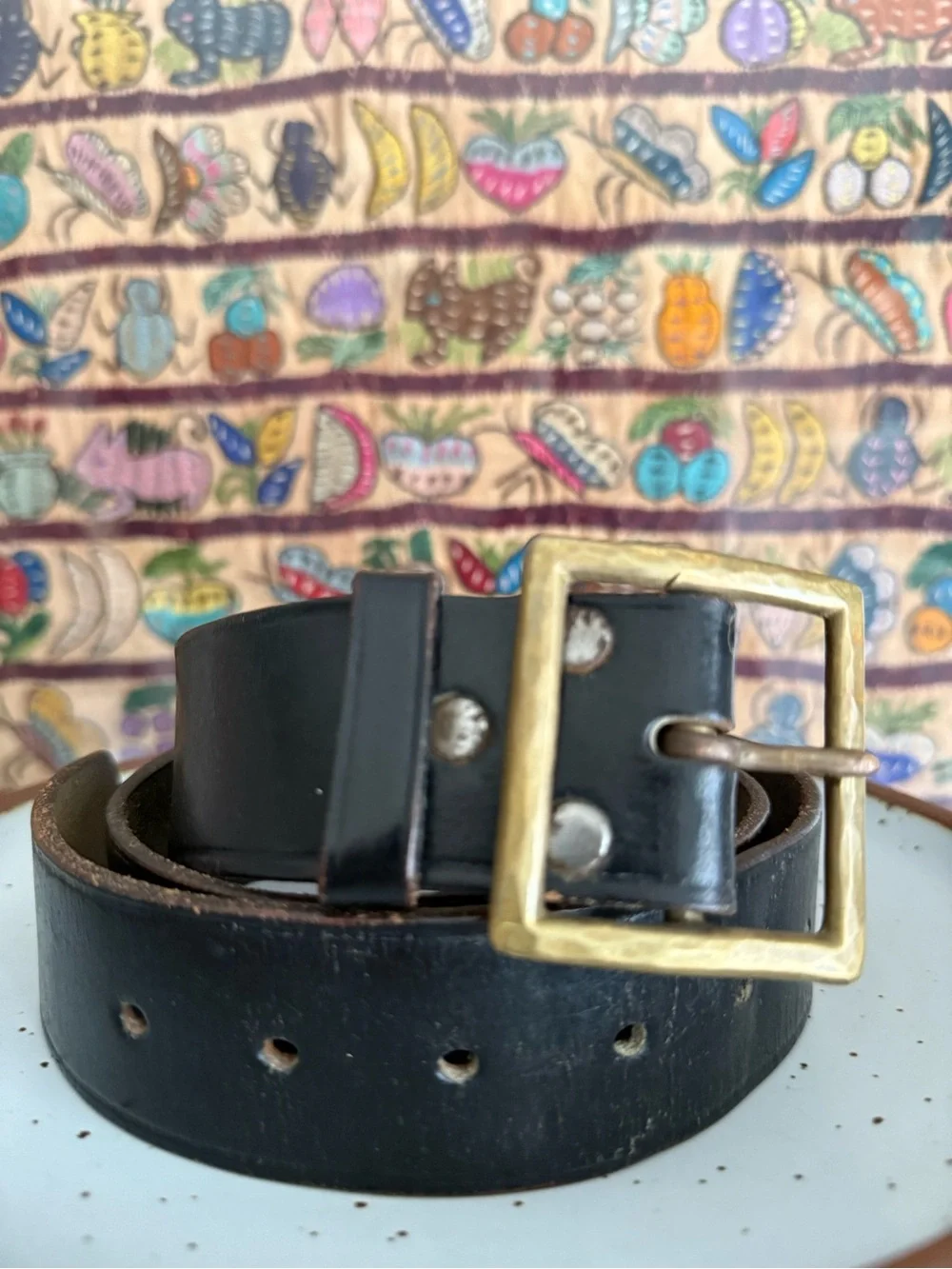 Vintage 90s Black Leather Belt with Hand Forged Square Brass Buckle